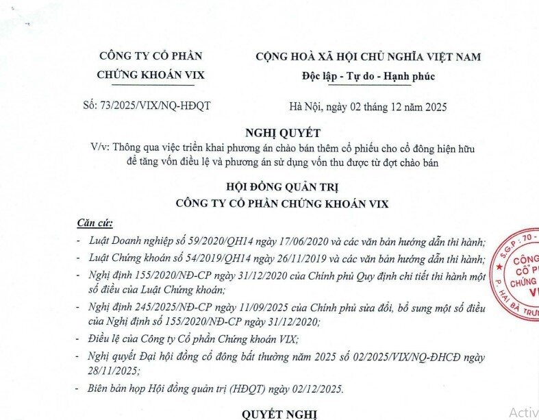 Chứng khoán VIX muốn chào bán 918,86 triệu cổ phiếu cho cổ đông hiện hữu