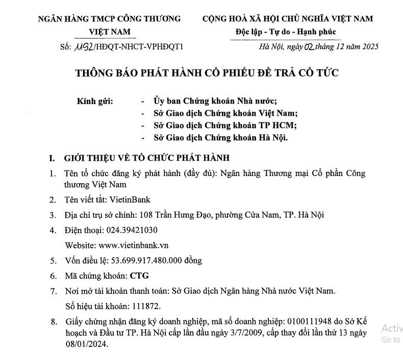 VietinBank (CTG) sẽ lăn chốt trả cổ tức 44,6% vào giữa tháng 12