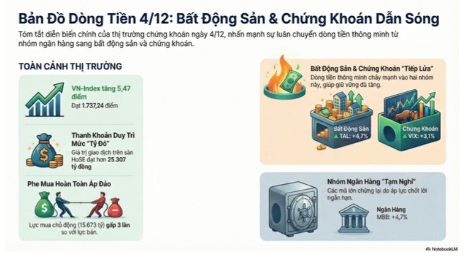 Chứng khoán ngày 4-12: Dòng tiền chuyển hướng sang bất động sản và chứng khoán