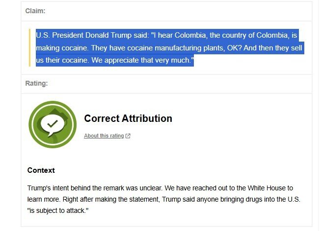 Có thật ông Trump nói 'chúng tôi đánh giá cao' việc Colombia bán cocaine cho Mỹ?