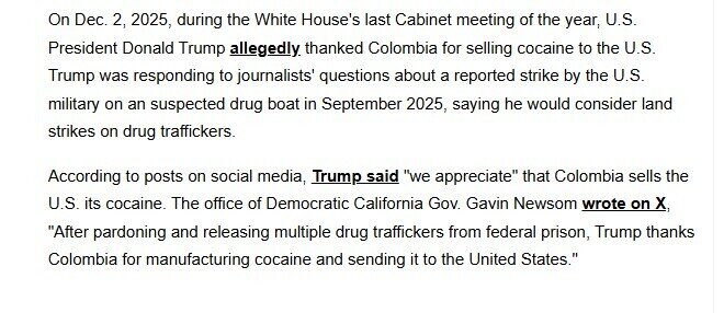 Có thật ông Trump nói 'chúng tôi đánh giá cao' việc Colombia bán cocaine cho Mỹ?