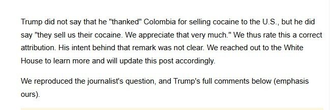 Có thật ông Trump nói 'chúng tôi đánh giá cao' việc Colombia bán cocaine cho Mỹ?