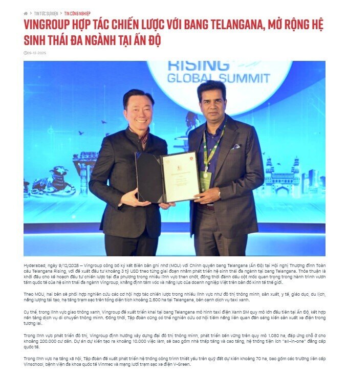 Vingroup đề xuất đầu tư 3 tỷ USD phát triển hệ sinh thái đa ngành tại Ấn Độ