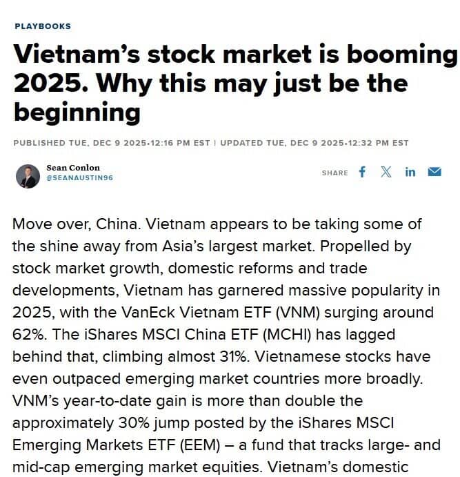 CNBC: TTCK Việt sẽ tăng mạnh trong 2026