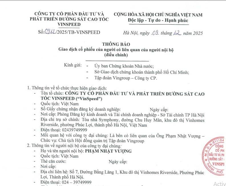 VinSpeed được tỷ phú Phạm Nhật Vượng góp thêm 76 triệu cổ phiếu VIC ngay sau khi nhận dự án metro 102.000 tỷ