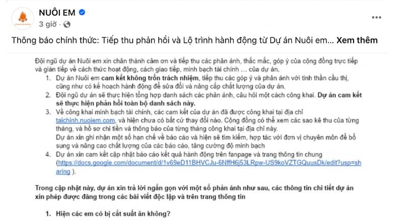 Dự án 'Nuôi em' ra thông báo, cam kết chịu trách nhiệm hoàn toàn trước pháp luật
