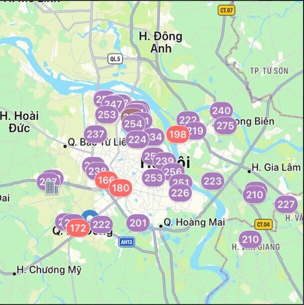 Bụi mịn dày đặc bao trùm Hà Nội, nhiều khu vực cảnh báo AQI tím