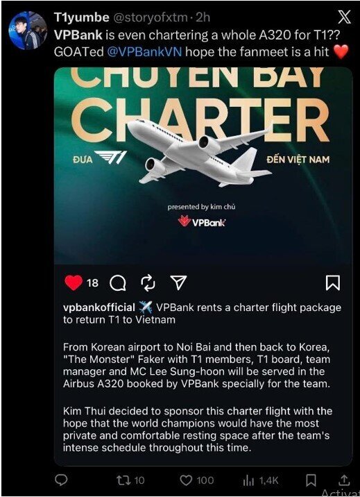 VPBank thuê hẳn chuyến bay charter đưa T1 và Faker đến Việt Nam