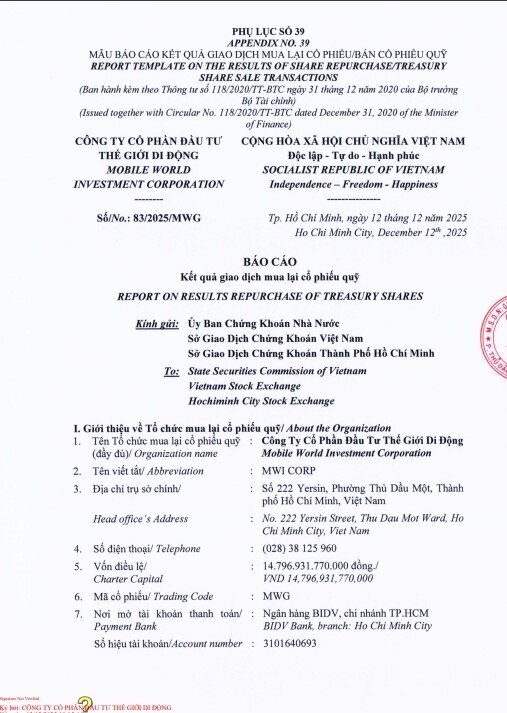 Thế Giới Di Động (MWG) hoàn tất mua lại 10 triệu cổ phiếu quỹ
