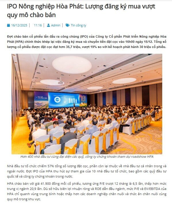 Nông nghiệp Hòa Phát (HPA) kết thúc IPO, 57% lượng chào bán về tay NĐT tổ chức