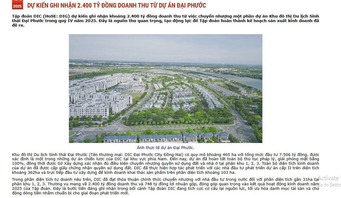 DIC Corp ước tính thu 2.400 tỷ từ chuyển nhượng một phần dự án Đại Phước