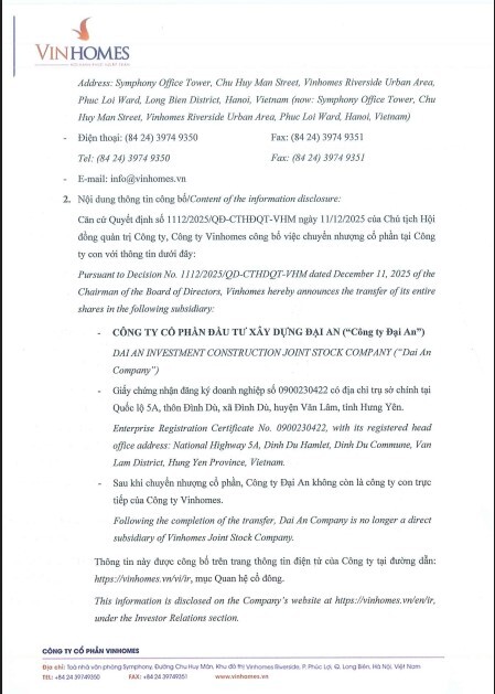 Vinhomes thoái vốn tại Xây dựng Đại An