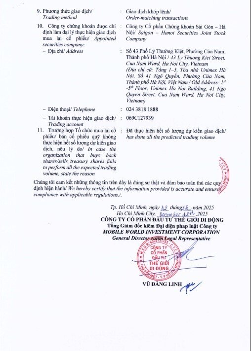 Thế Giới Di Động (MWG) hoàn tất mua lại 10 triệu cổ phiếu quỹ