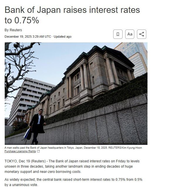 Ngân hàng Trung ương Nhật Bản (BOJ) tăng lãi suất lên 0,75%