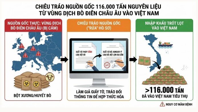 Chiêu tráo nguồn gốc 116.000 tấn nguyên liệu từ vùng dịch bò điên châu Âu