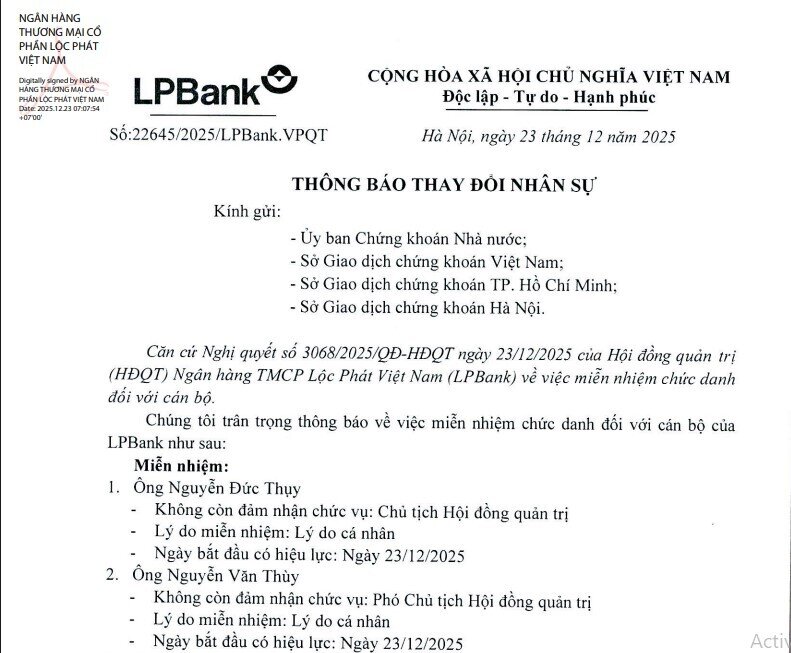 Ông Nguyễn Đức Thuỵ thôi làm Chủ tịch HĐQT LPBank (LPB)