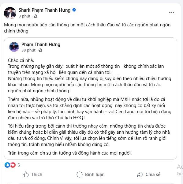 Shark Hưng chính thức lên tiếng về những lời đồn