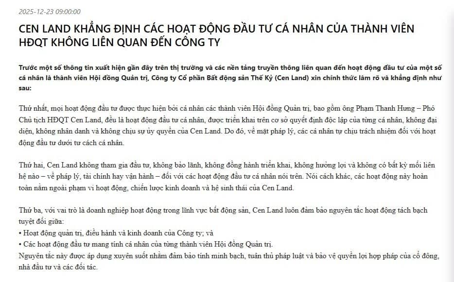 Cen Land khẳng định các hoạt động đầu tư cá nhân của thành viên HĐQT không liên quan đến công ty