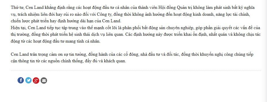 Cen Land khẳng định các hoạt động đầu tư cá nhân của thành viên HĐQT không liên quan đến công ty