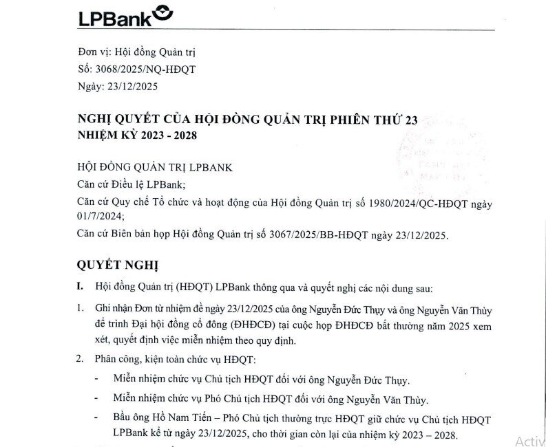 Ông Nguyễn Đức Thuỵ thôi làm Chủ tịch HĐQT LPBank (LPB)