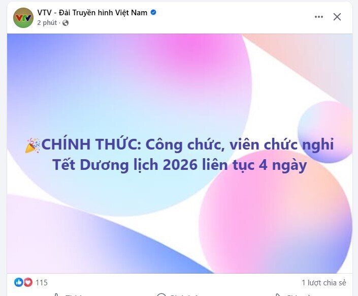 Chính thức: Công chức, viên chức nghỉ Tết Dương lịch 2026 liên tục 4 ngày