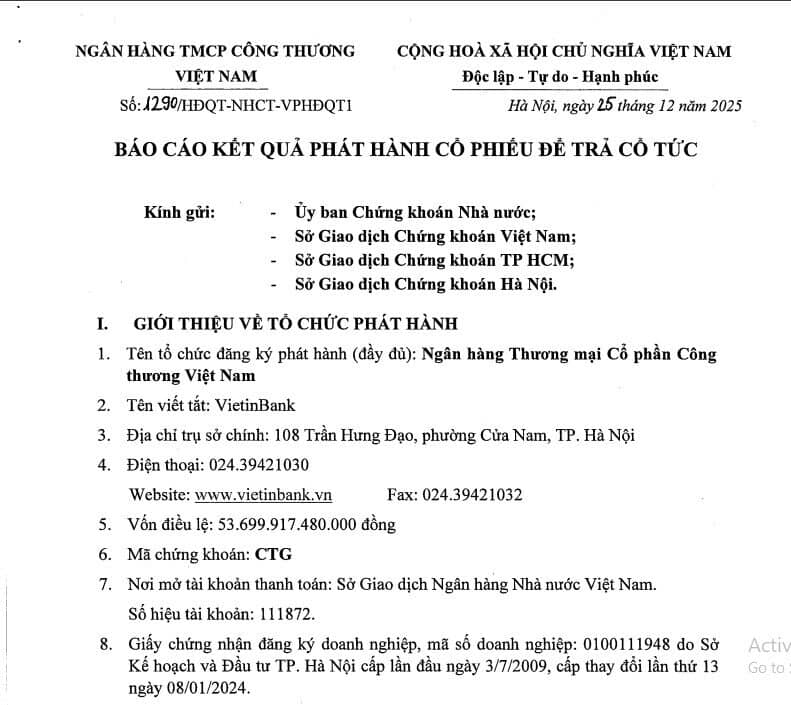 Vietinbank (CTG) hoàn tất tăng vốn điều lệ lên hơn 77.600 tỷ, vươn lên Top 4 toàn ngành