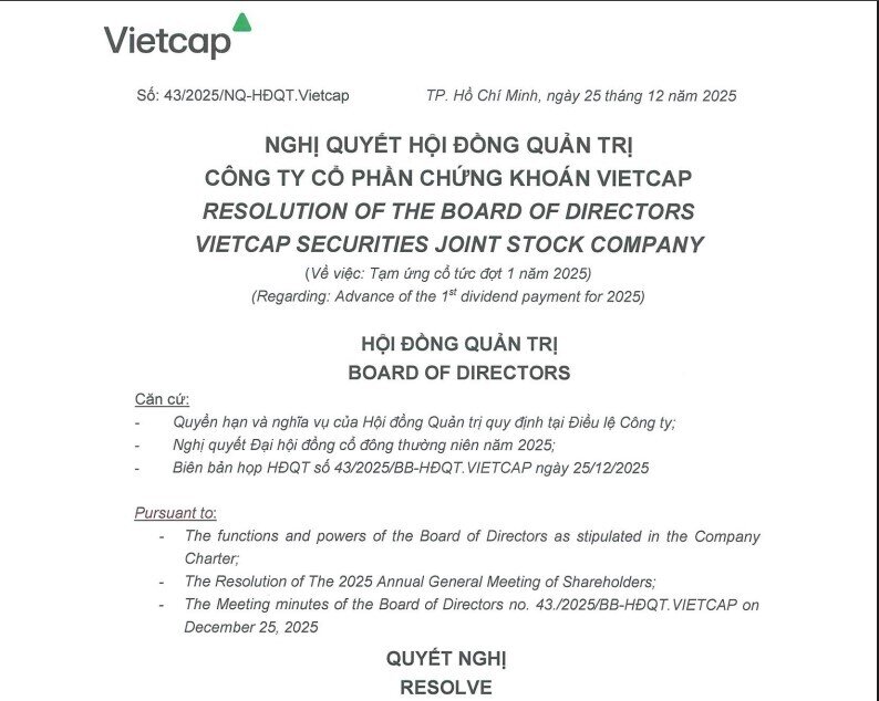 Vietcap (VCI) chi 425 tỷ đồng tạm ứng cổ tức 2025