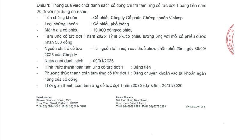Vietcap (VCI) chi 425 tỷ đồng tạm ứng cổ tức 2025