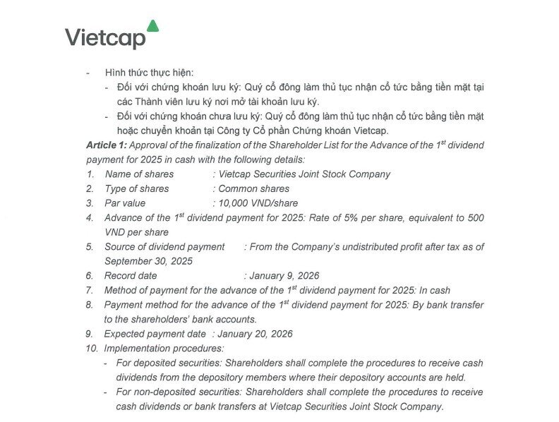 Vietcap (VCI) chi 425 tỷ đồng tạm ứng cổ tức 2025