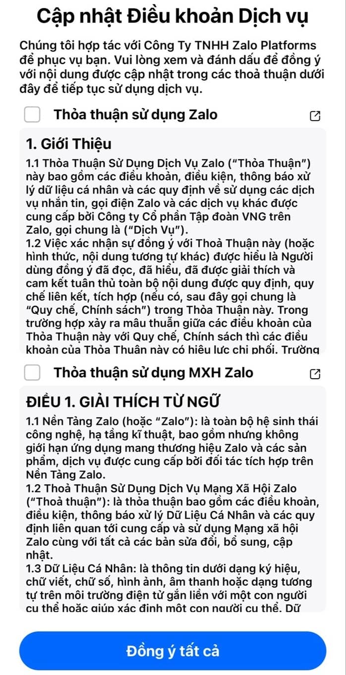 Zalo "ép" người dùng cập nhật điều khoản mới?