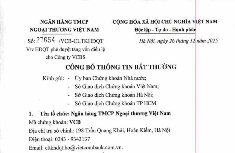 Vietcombank (VCB) bơm thêm 10.000 tỷ đồng, nâng vốn VCBS lên 12.500 tỷ