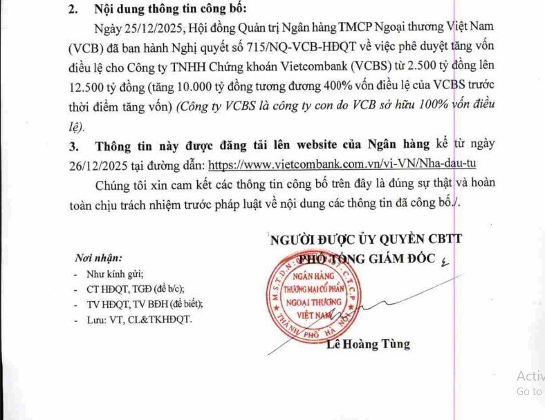 Vietcombank (VCB) bơm thêm 10.000 tỷ đồng, nâng vốn VCBS lên 12.500 tỷ