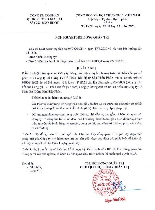 Quốc Cường Gia Lai 'chốt' thoái vốn tại hai công ty, dồn tiền trả món nợ 2.800 tỷ với bà Trương Mỹ Lan