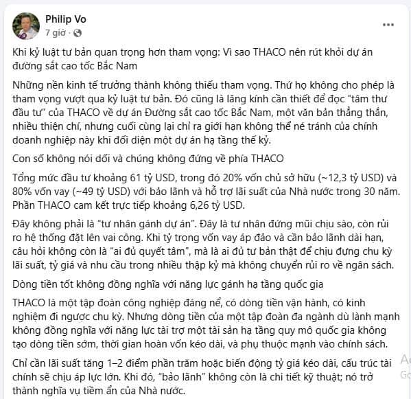 Chủ tịch Mekolor viết "Tâm thư" khuyên THACO nên rút khỏi dự án đường sắt cao tốc Bắc Nam!