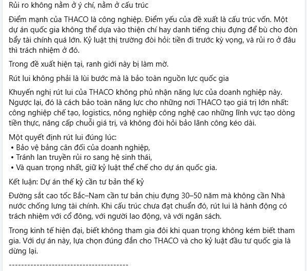 Chủ tịch Mekolor viết "Tâm thư" khuyên THACO nên rút khỏi dự án đường sắt cao tốc Bắc Nam!