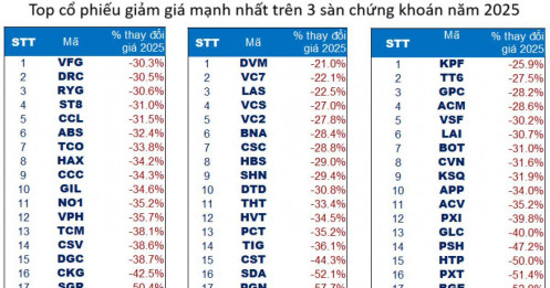 10 cổ phiếu giảm giá mạnh nhất năm 2025