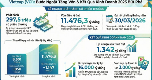Vietcap chốt phương án phát hành 297,5 triệu cổ phiếu thưởng, tăng vốn điều lệ lên hơn 11.400 tỷ đồng