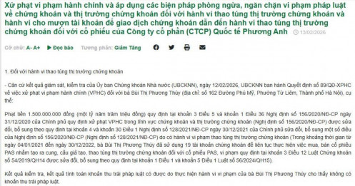 Phạt 1,5 tỷ đồng nữ NĐT thao túng giá cổ phiếu PAS của Quốc tế Phương Anh