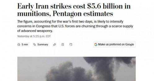 Lầu Năm Góc: Mỹ ‘đốt’ 5,6 tỷ USD vũ khí chỉ trong hai ngày đầu tấn công Iran, hiện phải dùng bom rẻ tiền