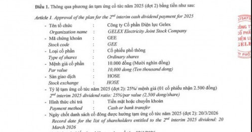 GEE tạm ứng cổ tức đợt 2/2025 tỷ lệ 25%