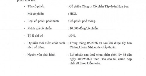 Hoa Sen Group trả cổ tức tỷ lệ 30%