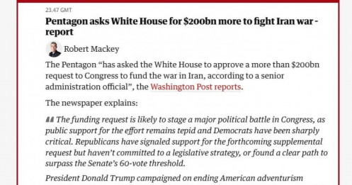 Rộ tin Lầu Năm Góc đề xuất thêm 200 tỷ USD cho chiến dịch tại Iran