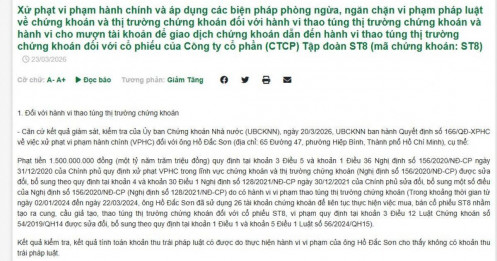 Dùng 26 tài khoản thao túng cổ phiếu ST8, một cá nhân bị phạt 1,5 tỷ đồng