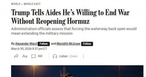 TT Trump nói với trợ lý sẵn sàng chấm dứt chiến tranh Iran mà không mở lại Hormuz