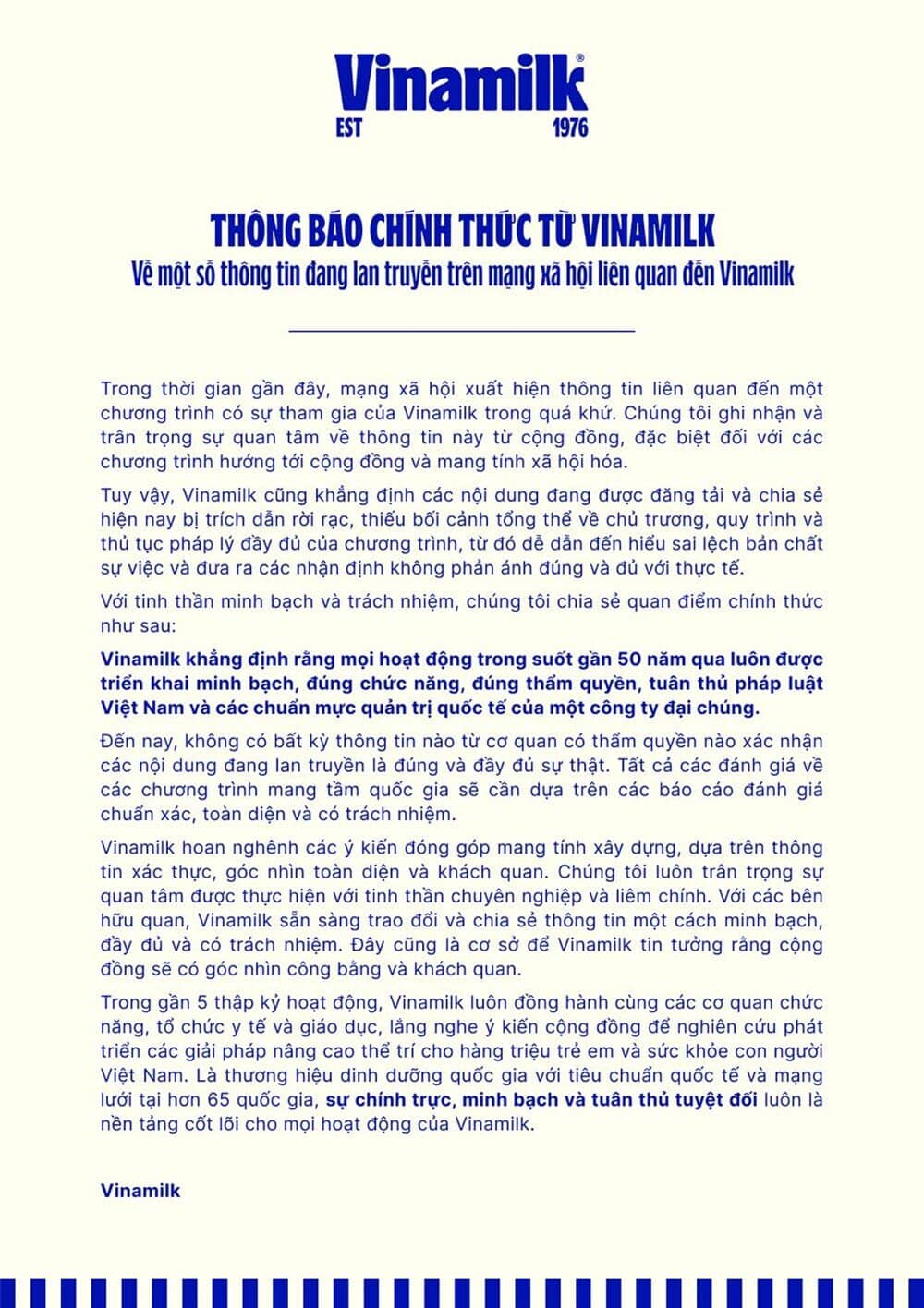 Vinamilk (VNM) thông báo khẩn đến toàn bộ khách hàng