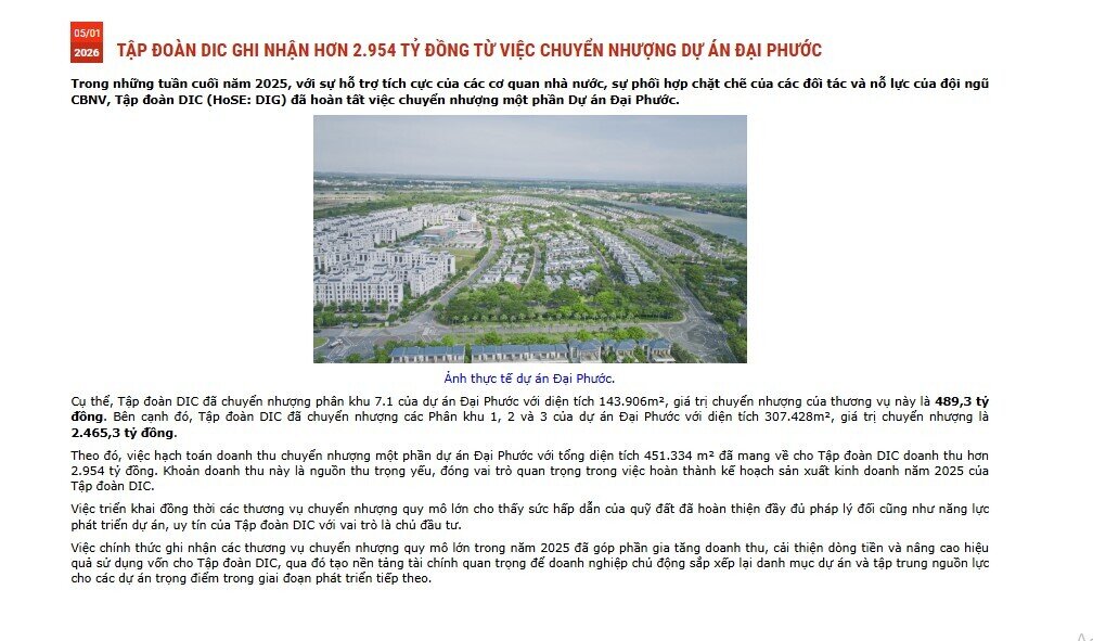 Chốt thương vụ 'khủng': DIC Corp chuyển nhượng 450.000m2 tại một siêu dự án, thu về hơn 2.900 tỷ đồng