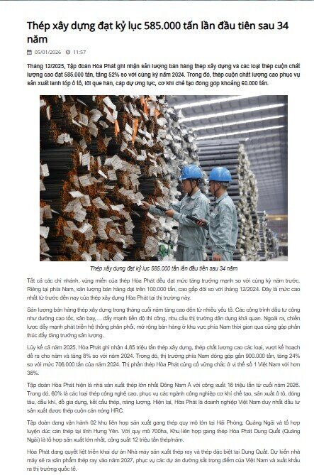 Hòa Phát báo tin vui tháng 12/2025, lượng bán thép xây dựng cao nhất lịch sử 34 năm