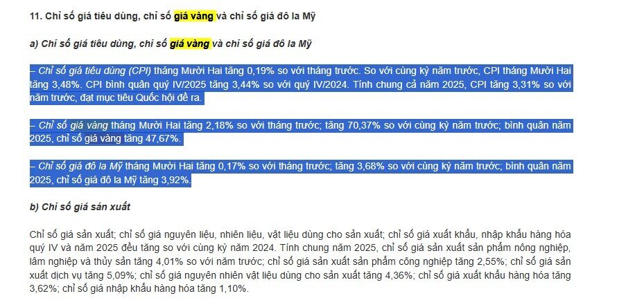 Cục Thống kê thông tin về chỉ số giá vàng trong năm 2025