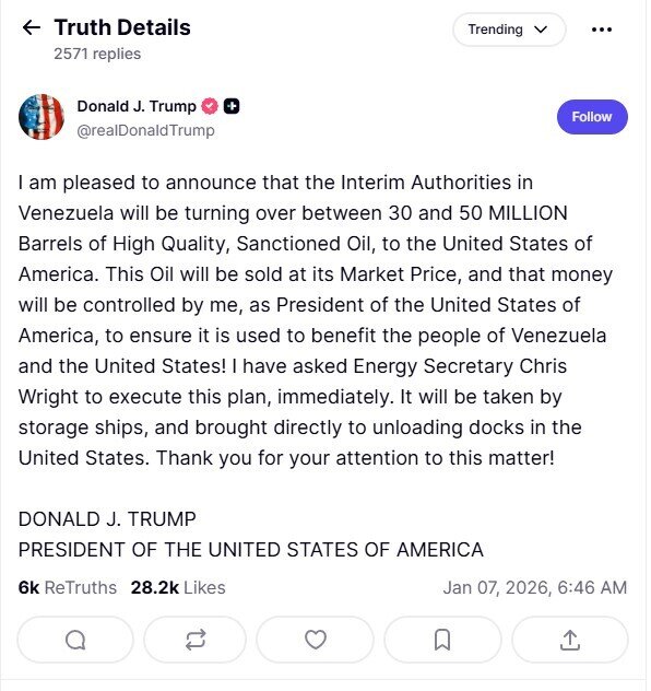 Ông Trump tuyên bố Venezuela sẽ giao 30-50 triệu thùng dầu cho Mỹ