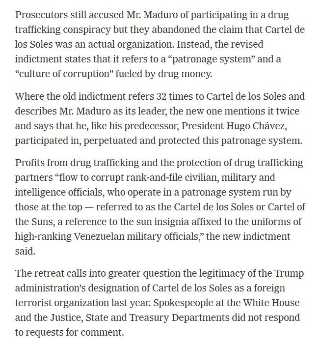 Bộ Tư pháp Mỹ rút cáo buộc ông Maduro là trùm băng đảng ma túy ‘Cartel de los Soles’